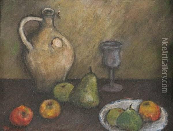 Still Life With Jug, Glass, And Fruit Oil Painting - Paul Cezanne