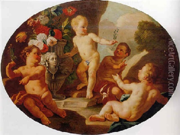 Putti In A Garden With Flowers Oil Painting - Pietro Bardellino