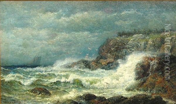 Waves Crashing Against A Rocky Coast Oil Painting - James Gale Tyler