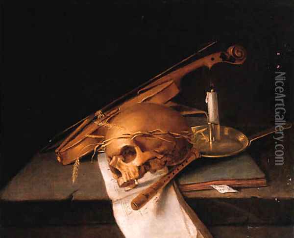 A skull decorated with ears of corn Oil Painting - Jacques de Claeuw