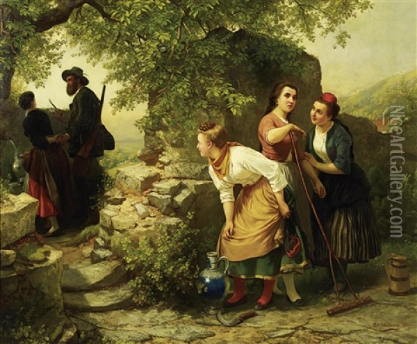 Belauscht Oil Painting - Carl Wilhelm Huebner