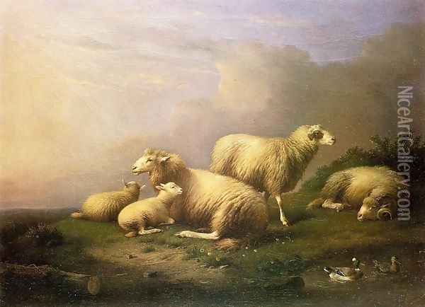 A Flock of Sheep Resting by a Pond Oil Painting - Franz van Severdonck