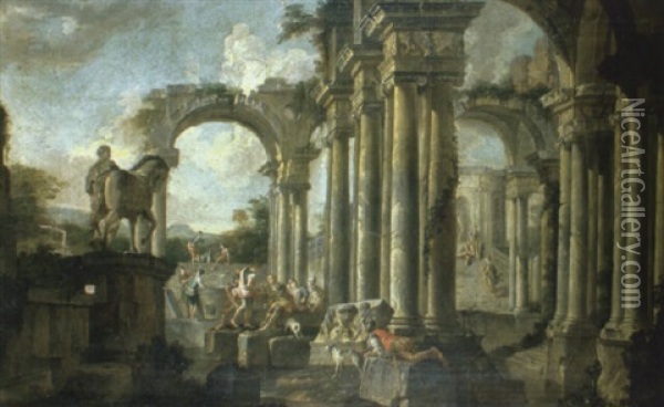 Capriccio Of Classical Ruins With Soldiers At A Pool Oil Painting - Giovanni Paolo Panini