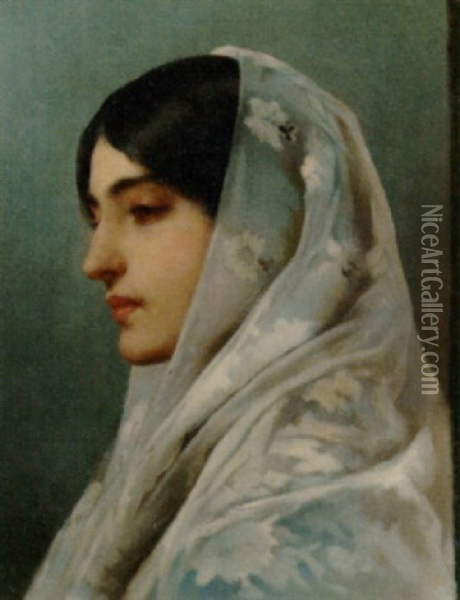 An Elegant Lady In A Chiffon Shawl Oil Painting - Eugen von Blaas