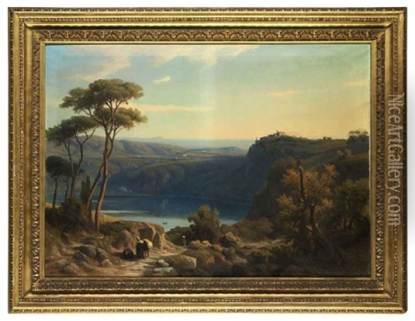 Wooded Landscape With Lake Albano, With Rural Figures And A Settlement Beyond Oil Painting - Franz Knebel