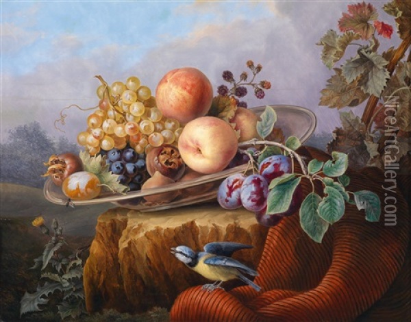 Fruchtestillleben Mit Vogel In Landschaft Oil Painting - Karl Franz Gruber