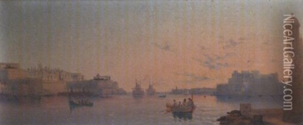 The Grand Harbour At Dawn Oil Painting - Luigi Maria Galea
