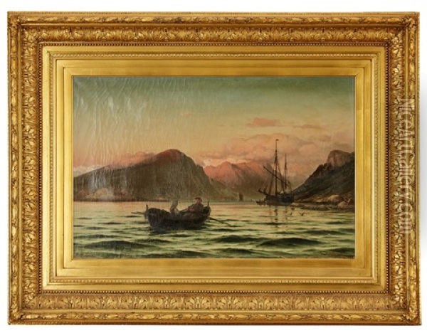 Roddbat I Fjordlandskap Oil Painting - Laurits Bernhard Holst