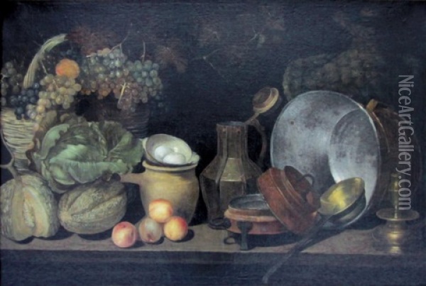 Nature Morte Au Panier De Raisins, Choux, Melons, Abricots Et Ustensiles De Cuivre Oil Painting - Pieter Binoit