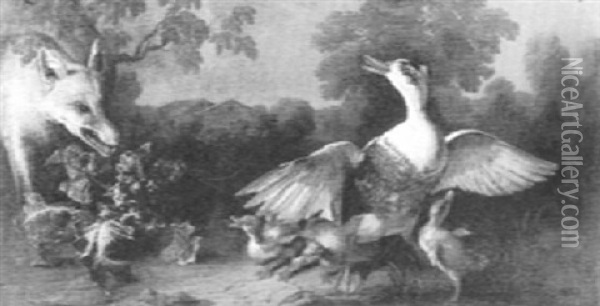 Fox Attacking A Goose And Her Young Oil Painting - Philipp Ferdinand de Hamilton
