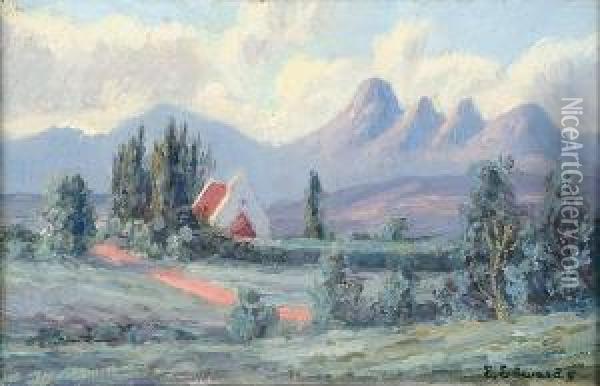 A South African Landscape With A House And Mountains In The Distance Oil Painting - Edward Edwards