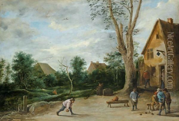 A Village Scene With Four Peasants Playing Bowls Before A Tavern, Two Cottages Beyond Oil Painting - David The Younger Teniers