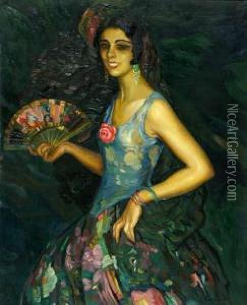 Dama Con Abanico. Oil Painting - Joan Cardona