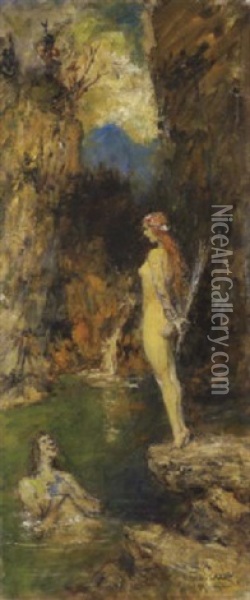 Verliebter Wassermann Und Nymphe Oil Painting - Ferdinand Leeke