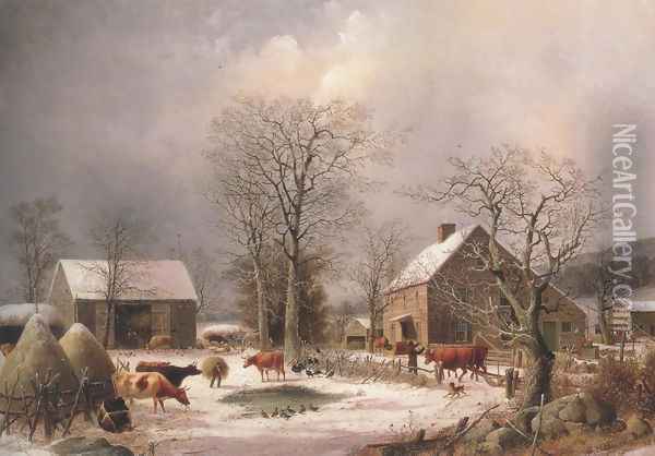 Farmyard In Winter 1847 Oil Painting - George Henry Durrie