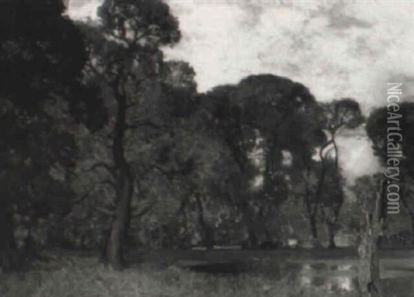 A Wooded River Landscape With Cattle Grazing Oil Painting - Sir Alfred East