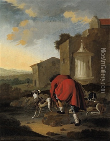 Ein Jager Mit Seinen Hunden In Einer Sudlichen Landschaft Oil Painting - Antonius Leemans