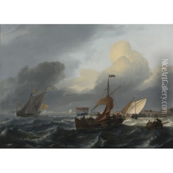 Small Dutch Vessels In Breezy Coastal Waters, A Harbor Beyond Oil Painting - Ludolf Backhuysen the Elder