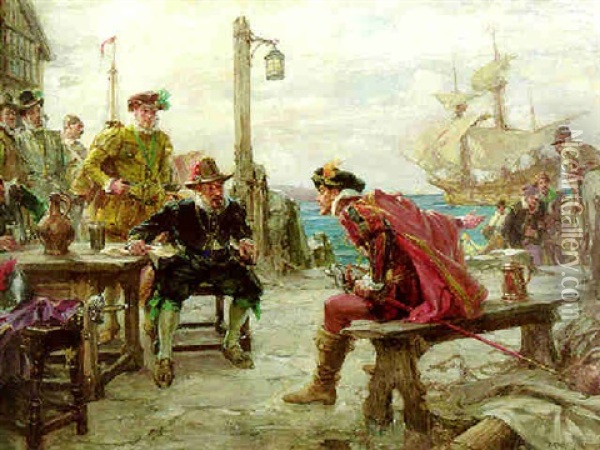 Sir Francis Drake's Tale Of Spanish Treachery Oil Painting - Arthur David Mccormick