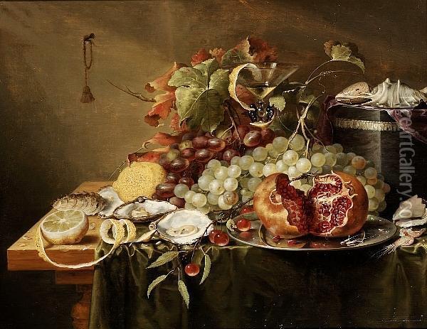 Lemons, Oysters, Grapes, A Pomegranate On A Silver Plate With Shells On A Velvet Box On A Table Draped With A Green Cloth Oil Painting - Jasper Geeraerts