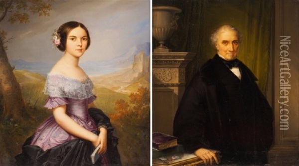 Zwei Bildnisse: Damenportrait In Landschaft Und Herrenportrait In Interieur Oil Painting - Felice Schiavoni