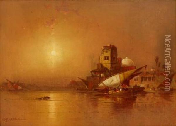 Arab Dhows At Sunset Oil Painting - George Washington Nicholson