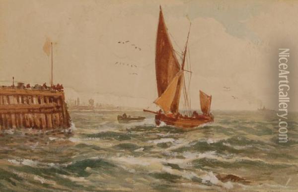 Fishingvessels Near The Harbour Oil Painting - George Stanfield Walters