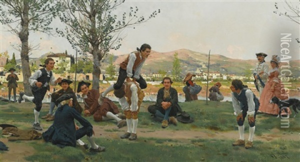 Saltarello Cavallucio (a Game Of Leapfrog) Oil Painting - Raffaello Sorbi