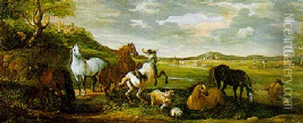 Cavalli, Armenti E Mandriani In Un Paeseggio Agreste Laziale Oil Painting - Giovanni Reder