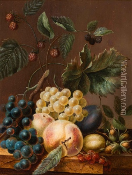 Still Life Of Fruit And Nuts On A Plinth Oil Painting - Adriana Johanna Haanen