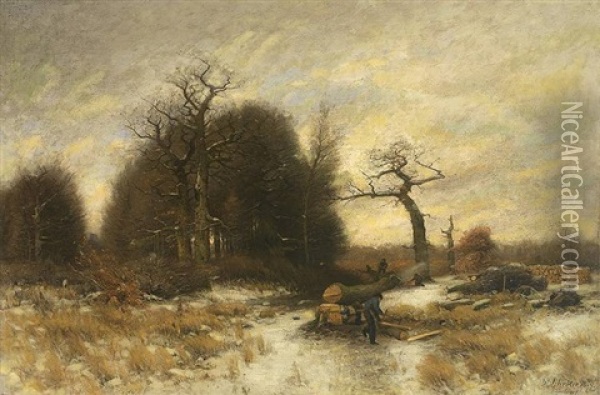 Waldarbeiter In Winterlandschaft Oil Painting - Wilhelm Schroeter