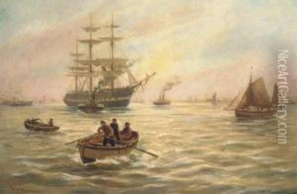 Rowing Out To The Merchant Ship Oil Painting - Bernard Benedict Hemy
