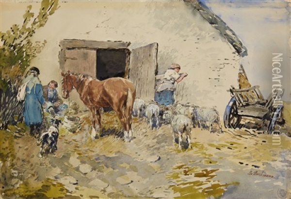 Farm With A Horse And Sheep Oil Painting - Gregor von Bochmann the Elder