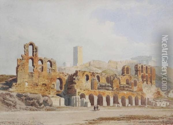 Ori ntaals Gezicht Met Ru nes Van Een Bogengalerij En Romeinse Tempel Oil Painting - Giovanni Giordano Lanza