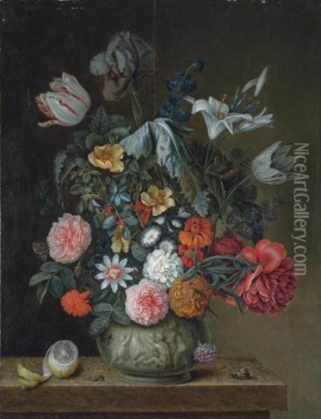 Roses, Tulips, Lilies, An Iris 
And Other Flowers In A Porcelain Vase On A Stone Ledge, With 
Partly-peeled Lemon, A Snail And Other Insects Oil Painting - Heroman Van Der Mijn