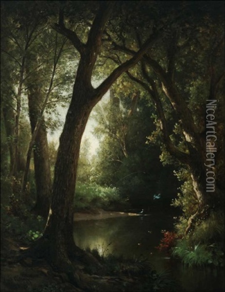 Pond In Wooded Landscape Oil Painting - Virgil Williams