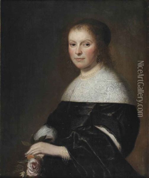Portrait Of A Lady, Half-length, In A Black Dress With A White Lace Collar And Pearl Jewelry, Holding A Pink Rose Oil Painting - Johannes Cornelisz Verspronck