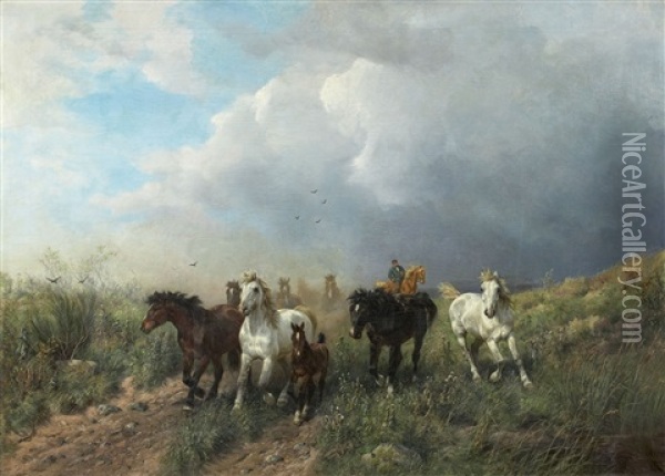 Horses In A Meadow Landscape Oil Painting - Ludwig Benno Fay