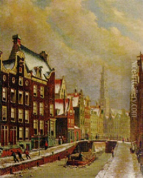 A Winter Scene In Amsterdam With The Zuiderkirk Oil Painting - Oene Romkes De Jongh