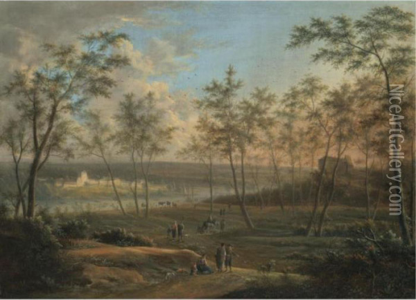 A Wooded River Landscape With Travellers On A Path, An Abbey Beyond Oil Painting - Johann Christian Vollerdt or Vollaert