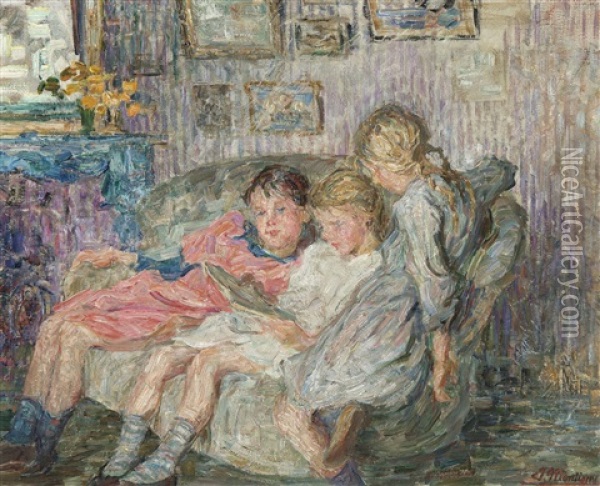 Reading Girls (three Sisters) Oil Painting - Jenny Montigny