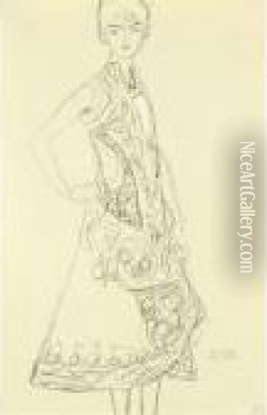Frau In Reich Gemustertem Kleid,
 Die Rechte In Die Hufte Gestutzt (woman In Richly Patterned Dress, 
Right Hand Resting On Hip) Oil Painting - Gustav Klimt