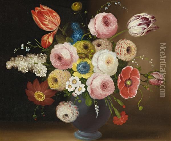 Flowers In A Blue Jug Oil Painting - William Buelow Gould