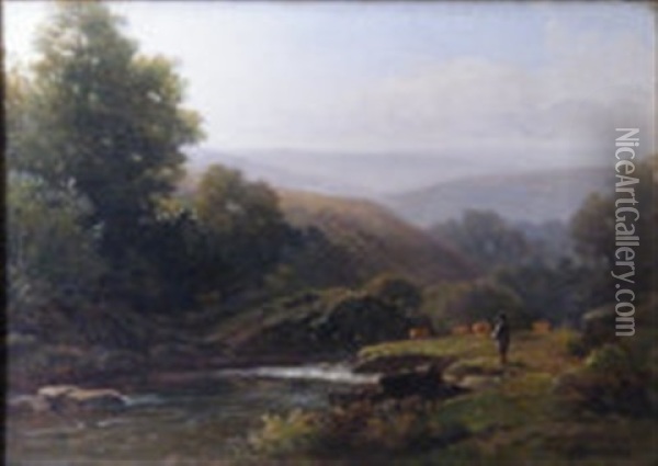 River Landscape With Figure Oil Painting - William (of Plymouth) Williams