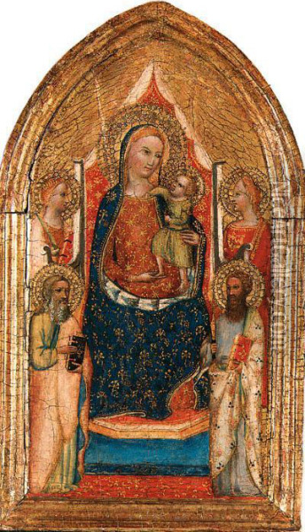 The Madonna And Child Enthroned With Saint Bartholomew, Anotherapostle, A Male Martyr And A Female Saint Oil Painting - Master Of The Bargello