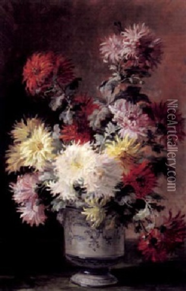 Bunter Chrysanthemenstraus, Sonnig Beleuchtet Vor Chagierendem Hintergrund Oil Painting - Louis Letsch