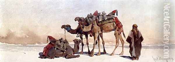 Resting with Three Camels in the Desert Oil Painting - Carl Haag