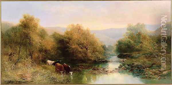 Cattle on the Dart in Autumn Oil Painting - William Widgery
