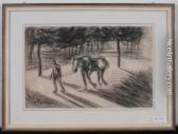 Horse And Figure In A Park Oil Painting - Maxime Maufra