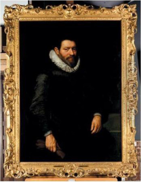 Portrait Of A Gentleman, Three 
Quarter Length, Wearing A Black Jacket With A Lace Ruff, Holding A Pair 
Of Gloves Oil Painting - Michiel Jansz. Van Miereveldt